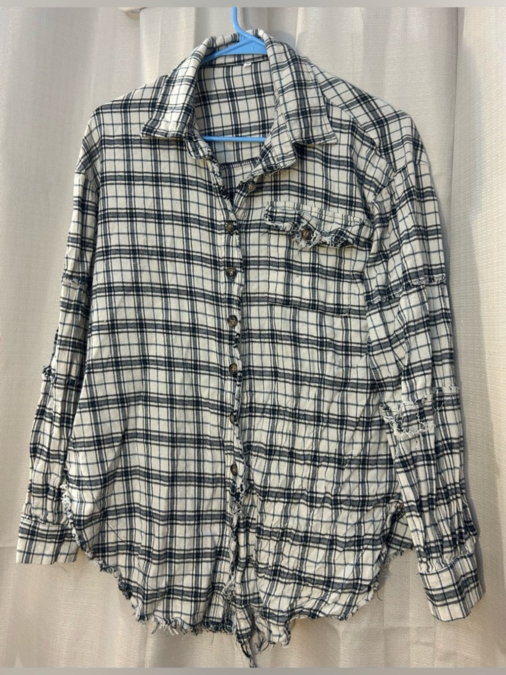 Distressed Black and White Plaid Button-Up Shirt